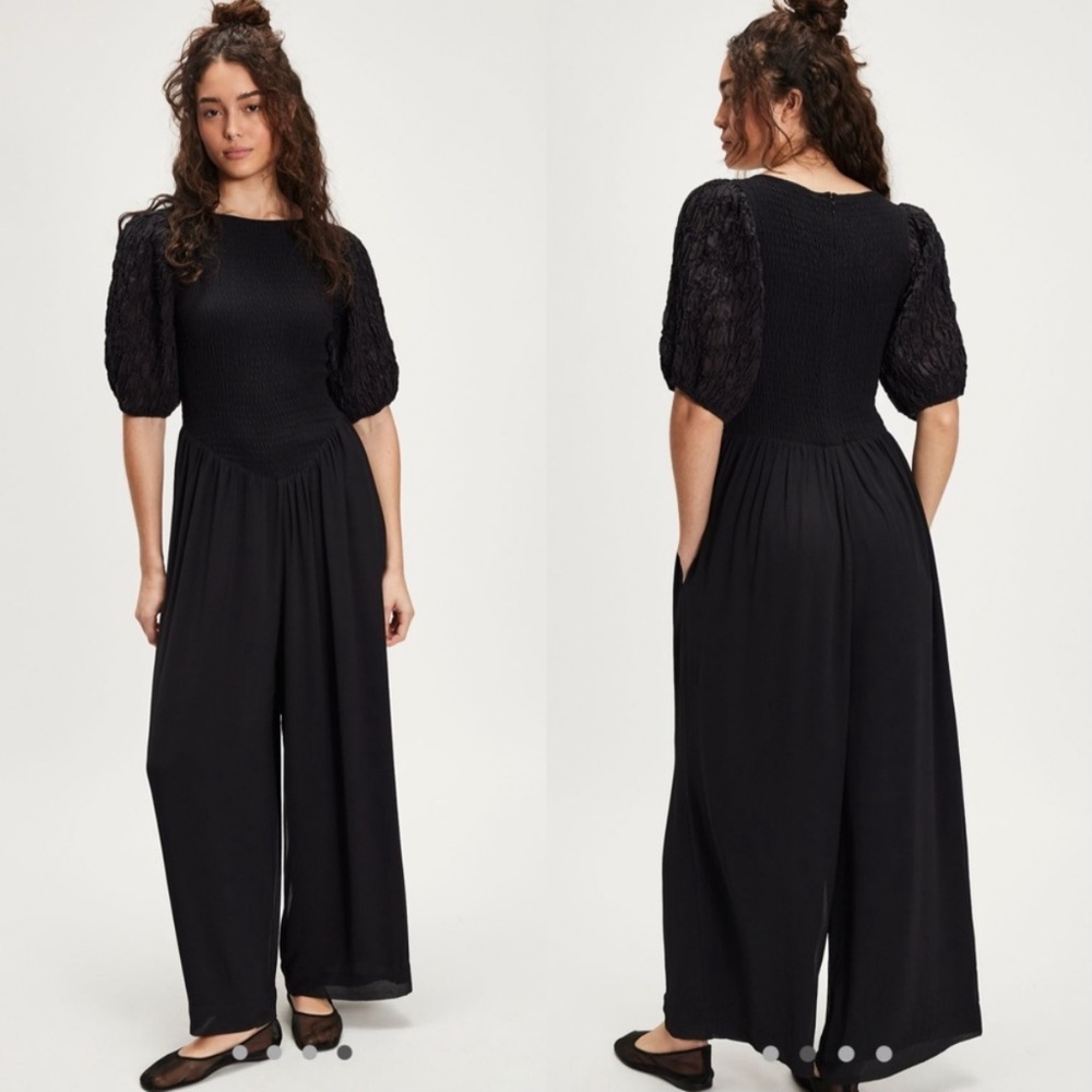 FREE PEOPLE Temperley Puff Sleeve JUMPSUIT Size XS Ruched Wide Leg Black